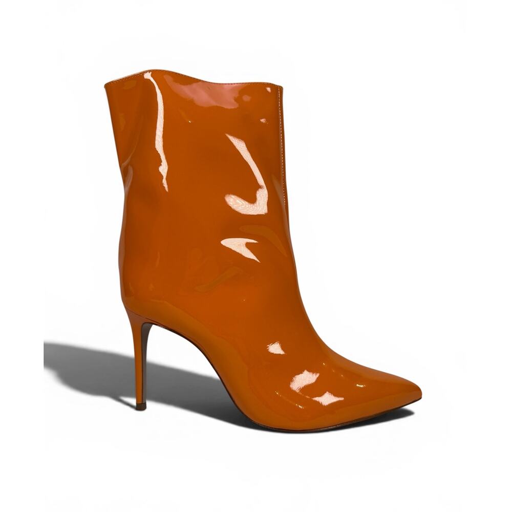 Schutz Maya High Ankle Boots Womens 9 Tangerine Orange Patent Stiletto Pull On